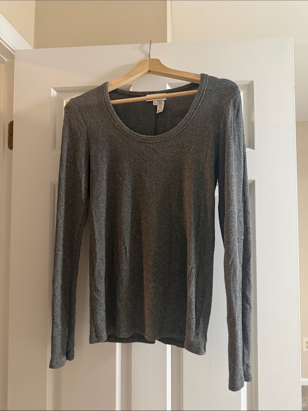 Michael Stars Metallic Ribbed Scoop Neck Long Sleeve Top - Gray